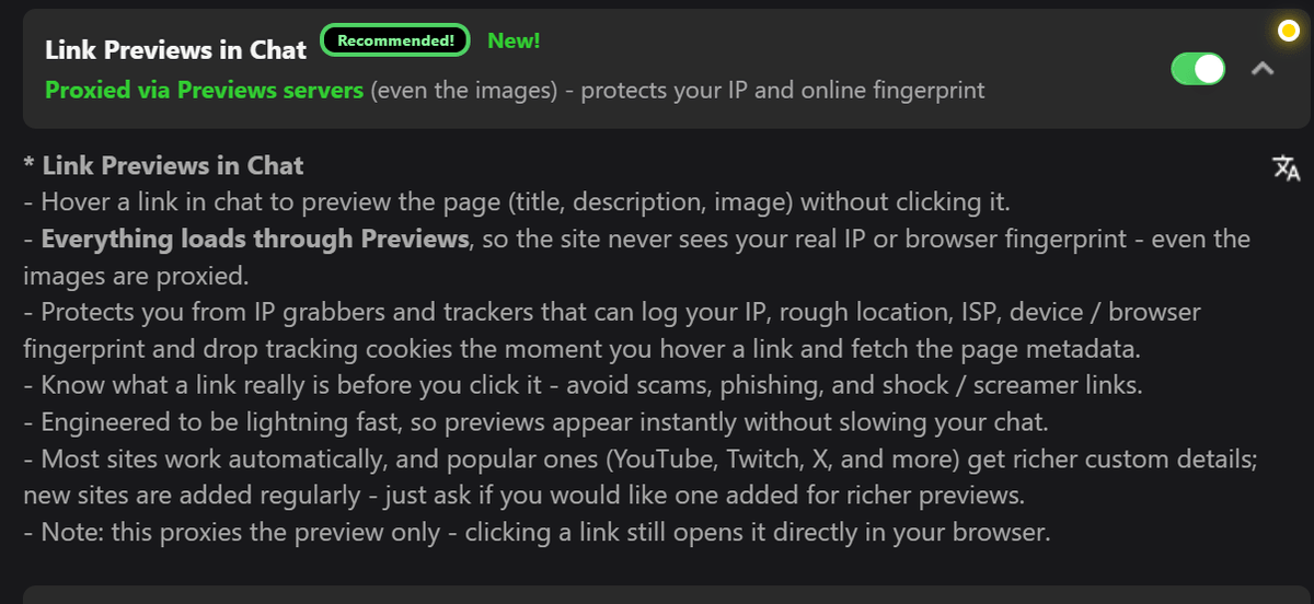 Previews settings panel showing the Link Previews in Chat toggle, marked Recommended and New, with the "Proxied via Previews servers" note