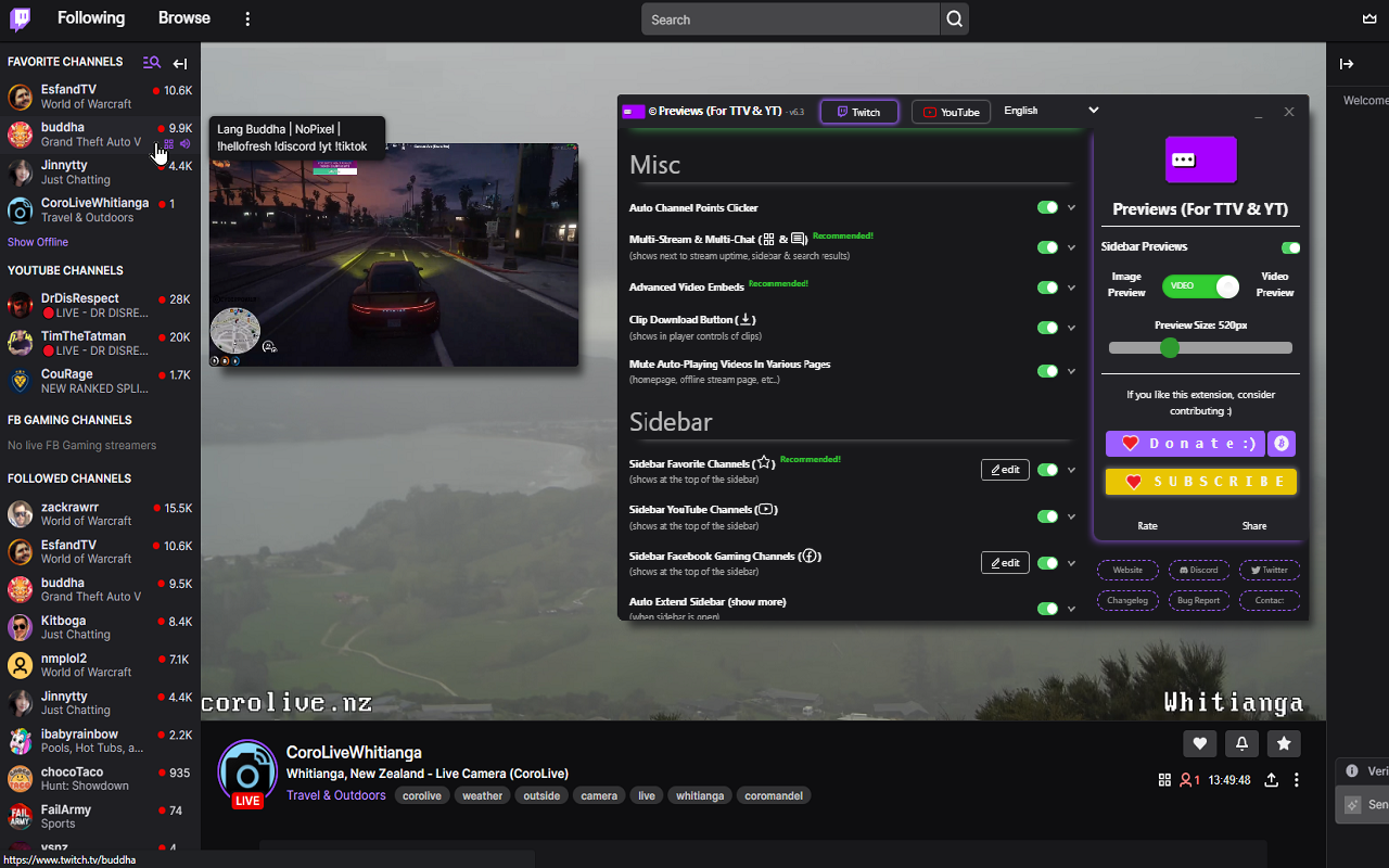 Twitch sidebar showing a list of followed live channels with the cursor hovering one and a live video preview popping out next to it